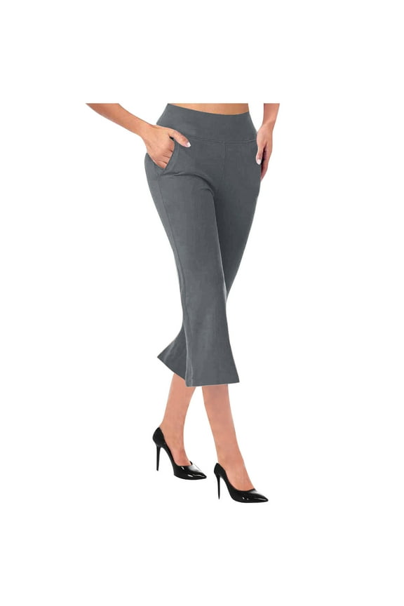 Women's Elastic Waist Pocket Cropped Pants Casual Flare Trousers Capris for Women