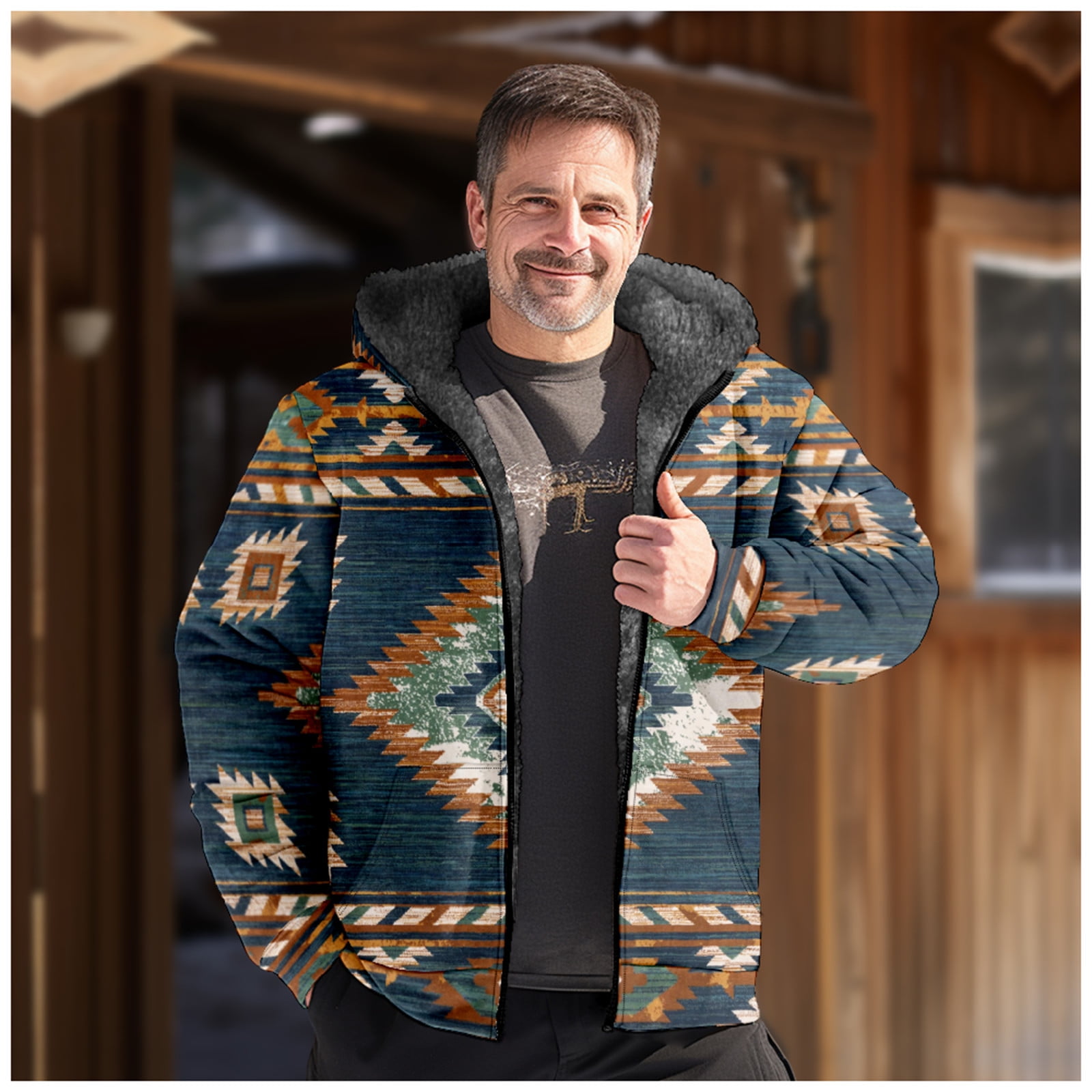Spring Savings !Mens Sherpa Aztec Jacket,Hooded Western Jackets for Men Big  and Tall,Zip up Long Sleeve Vintage Western Jackets for Men,Thick Warm