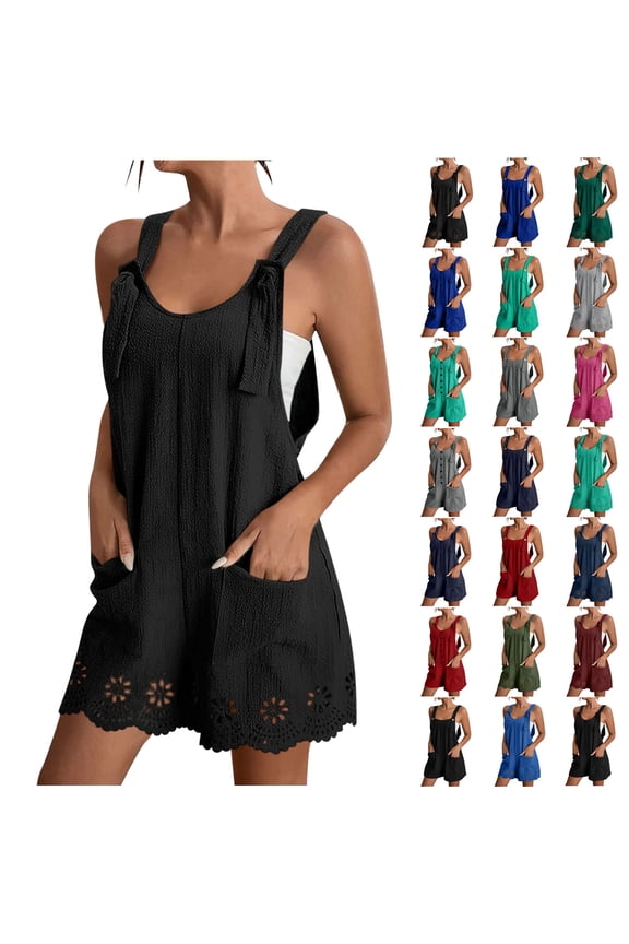 Women's Dressy Summer Rompers 2025 Casual Short Jumpsuits Solid Lace Sleeveless Boho Overalls with Pockets Blue XL