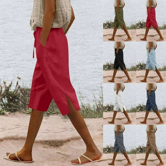 Spring Savings! QATAINLAV Womens Cotton Linen Bermuda Shorts High Waisted Wide Leg Capri Pants Solid Casual Side Slits Short Pant with Pockets Red S