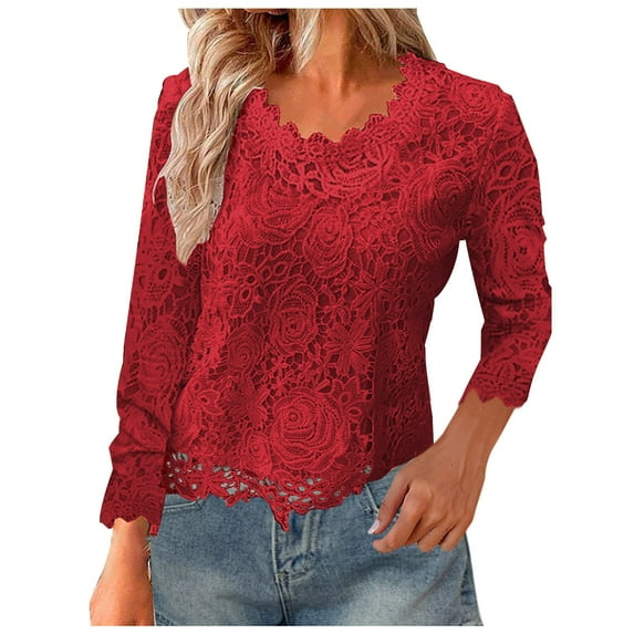 Rciityk Long Sleeve T Shirts for Women Plus Size Lace Crew Neck Shirts Casual Solid Color Slim Blouse