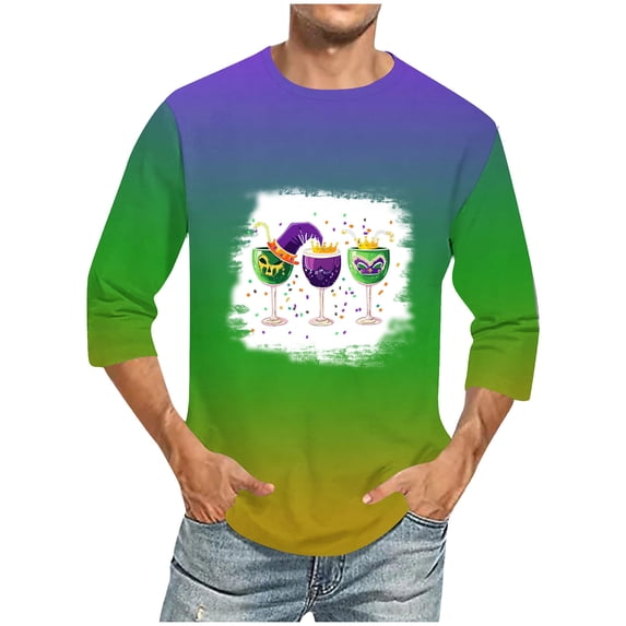 Rciityk Mardi Gras Mens 3/4 Sleeve Shirts Casual Loose Classic Carnival Prints Crew Neck T Shirt Lightweight Holiday Party Tees Tops