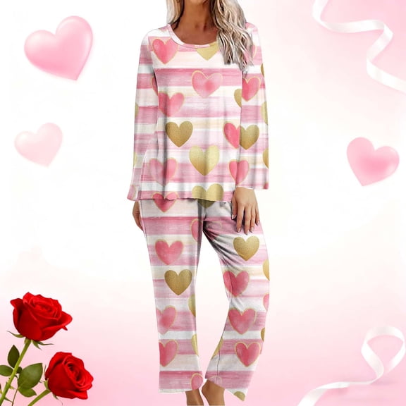 Rciityk Valentines Pjs Sets for Woman Cute Heart Print Long Sleeve Crew Neck Top with Pant Pajama Sets Lounges Ladies Pajamas Sets
