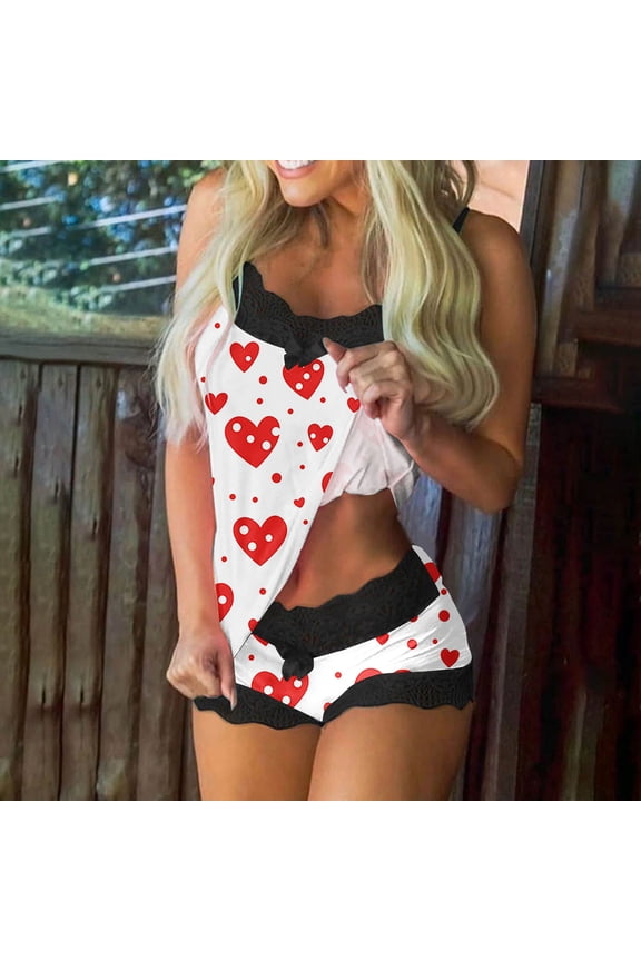 Valentines Shorts Pajama Set for Women Ladies Pajamas Sets Casual Cute Heart Print Spaghetti Strap Tank Tops with Shorts Pjs Sets