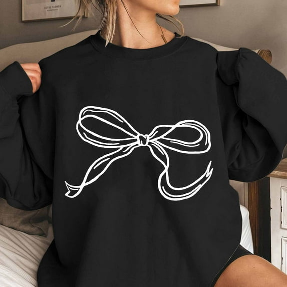 Rciityk Women's Casual Sweatshirt Cute Bow Print Long Sleeve Pullover Top Casual Spring Fall Outfits Crewneck Sweatshirts Womens Tops