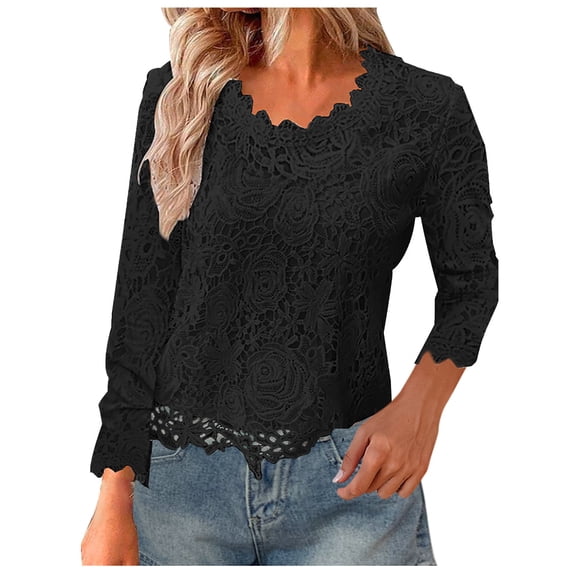 Rciityk Womens Long Sleeve Lace Shirts Casual Solid Color Crew Neck Slim Blouse Tops