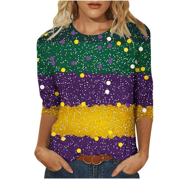 Rciityk Womens Tshirts 3/4 Sleeve Shirts for Women Fashion Mardi Gras Graphic Tees Tops Casual Loose Crew Neck Holiday Blouse