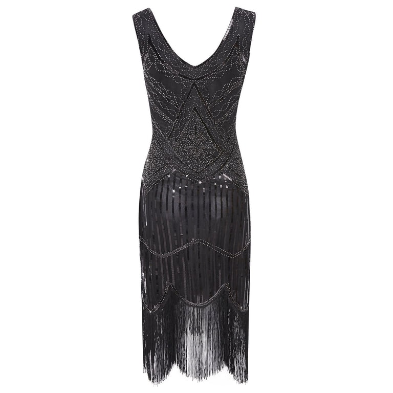 black flapper dress amazon Spring Trendy SMihono Fashion Girls Sleeveless V-Neck Plus Size Vintage 1920s Tassel Great Evening Party Cocktail Dress 8 w-beanie Size:UK6 House of CB Women's short skirts