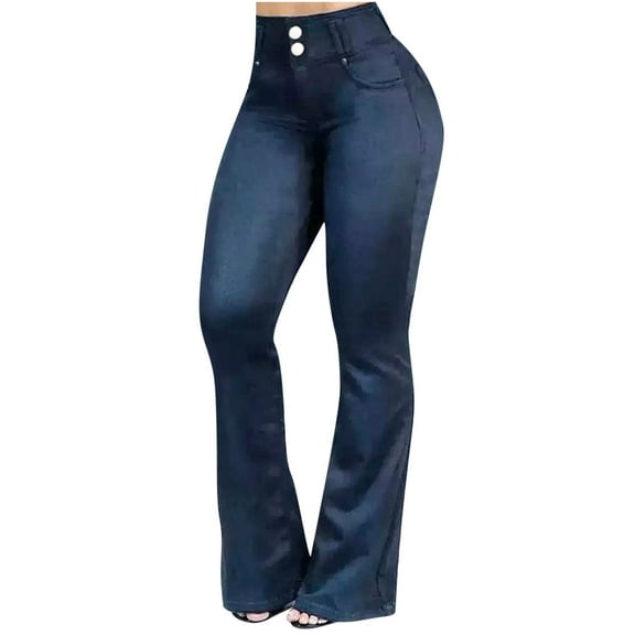 Spring Trendy SMihono Long Denim Jeans for Women Trendy 2024 Relaxed Fit Comfy Women Fashion Leisure Pocket Button Trousers Slightly Flared Pants Denim Blue 6