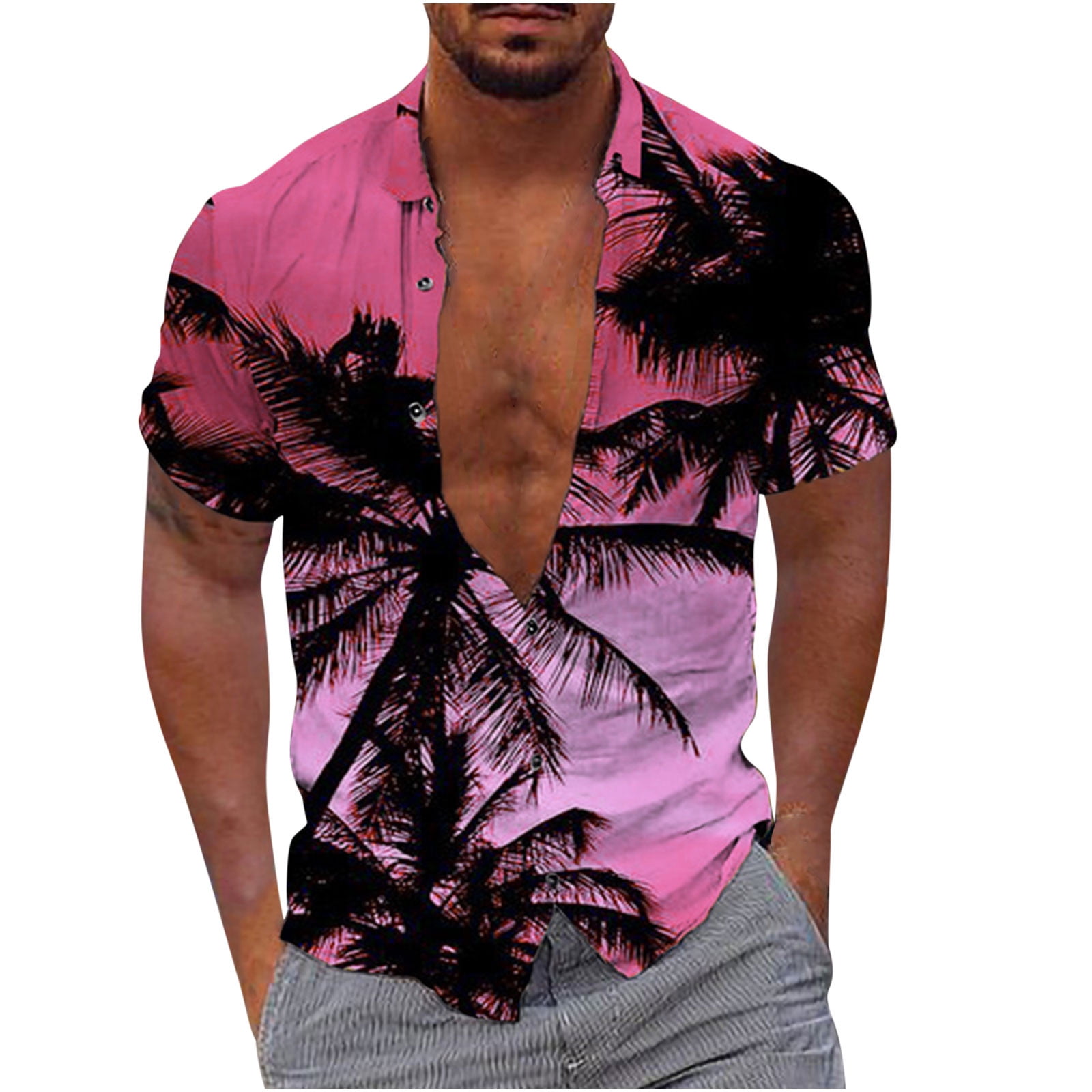 Spring Savings SMihono Young Mens Turndown collar Tees Tops Shirt Men  Fashion Casual Buttons Hawaii Printing Turndown Short Sleeve Shirt Blouse  Hot Pink 6 