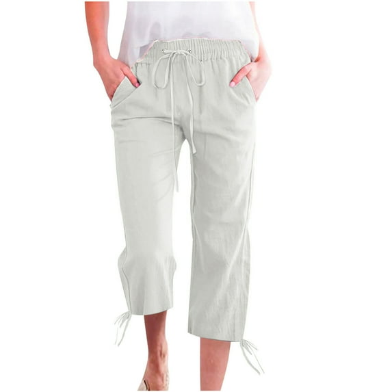 Spring Savings Trousers For Womens Plus Size Slacks 3/4 Capri Pants Pockets Trousers Solid Color Slacks Drawstring Pants Straight Leg Trousers Wide Leg Slacks Loose Stretch Pants