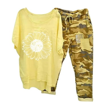 Summer Savings!Yanhaigong Patriotic Capri Pajamas for Women Clearance,Cotton Camouflage Capri Pajamas Sets for Women,Casual Short Sleeve Tops with Capri Sleepwear Sets, 4th Of July Clothes Women