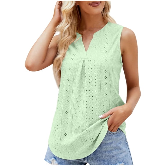 Spring Savings deals!Samickarr Summer Tank Tops For Women Eyelet Sleeveless V-Neck Hollow Out Tunic Tops Casual Pleated Tank Vests Blouses Shirts
