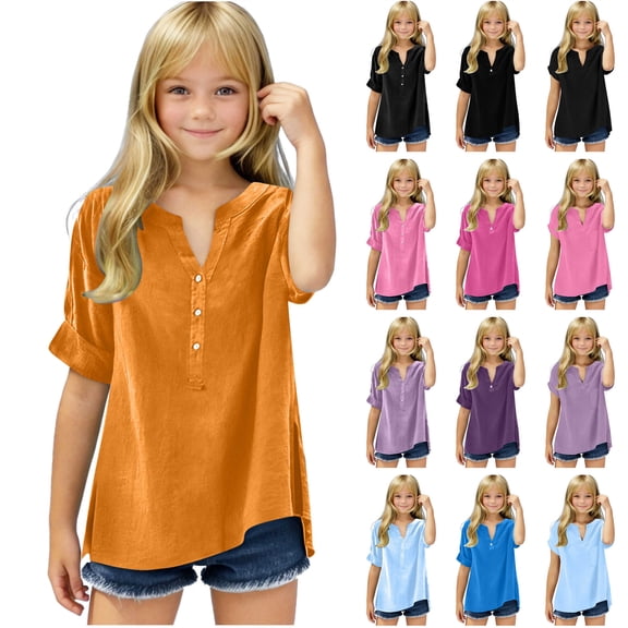 lcziwo Summer Linen Shirts for Girls Casual Roll Up Short Sleeve Tunic Blouses Kids Solid Loose V Neck T Shirt Blue