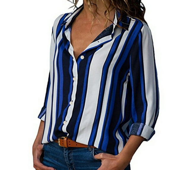 Spring Savings LYXSSBYX Design Tops for Women Casual Cuffed Long Sleeve V-Neck Button Up Striped Shirt Blouse Tops
