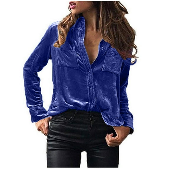 Spring Savings LYXSSBYX Womens Long Sleeve Tops Fashion Women's Winter Velvet Long Sleeve Button Pocket Casual Shirt Top