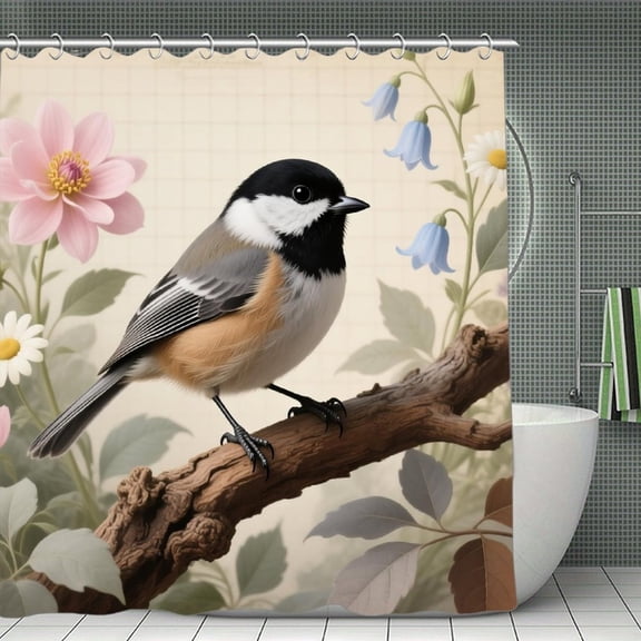 Spring Saying Flowers Bird Print Shower Curtain,Modern Fabric Waterproof Shower Curtain Set with Hooks 70.8×70.8Inch (180×180cm)