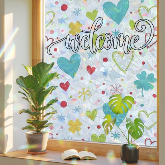 Spring Scattered Hearts Window Privacy Film, Modern Boho Teal Yellow Pink Flower Floral Static Cling Stained Glass Window Sticker Decorative Removable Rainbow Film for Glass 17.7”x39.3”