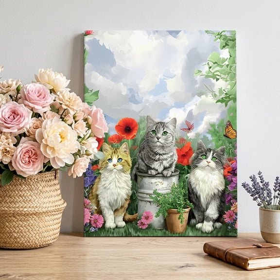 Spring Scenery Canvas Wall Art, Three Cat Pastoral Flower Field Green Leaves Pictures Wall Decor Wooden Framed Artwork Art Prints for Living Room Hallway Bedroom Office 8"x12"