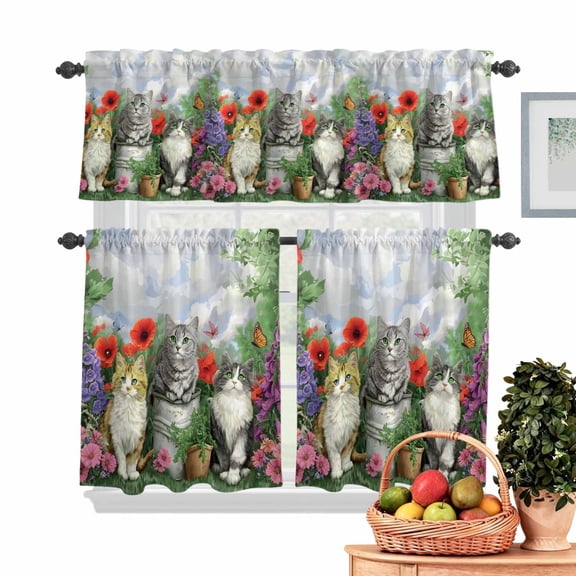 Spring Scenery Kitchen Curtains Valances 3 Piece Set, Three Cat Pastoral Flower Field Green Leaves Rod Pocket Tier Curtain and Valance Drapes for Small Window 24 Inch Length for Bedroom Cafe