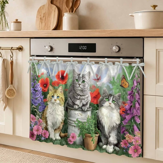Spring Scenery Oven Skirt Curtain, Three Cat Pastoral Flower Field ...