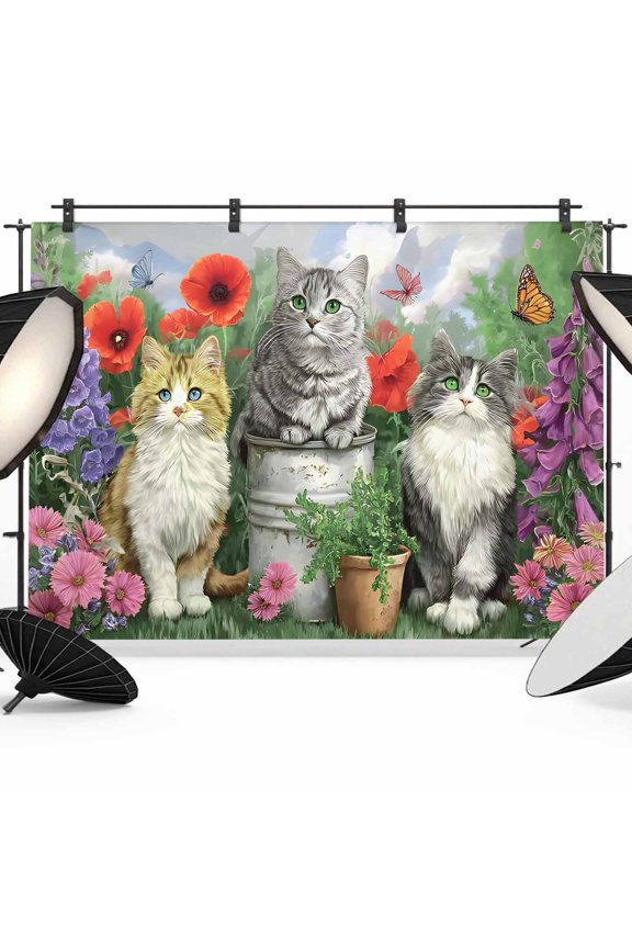 Spring Scenery Photography Backdrop 7x5FT, Three Cat Pastoral Flower Field Green Leaves Photo Backdrops, Background for Photography Studio Photo Studio Background, Back Drop for Photoshoot