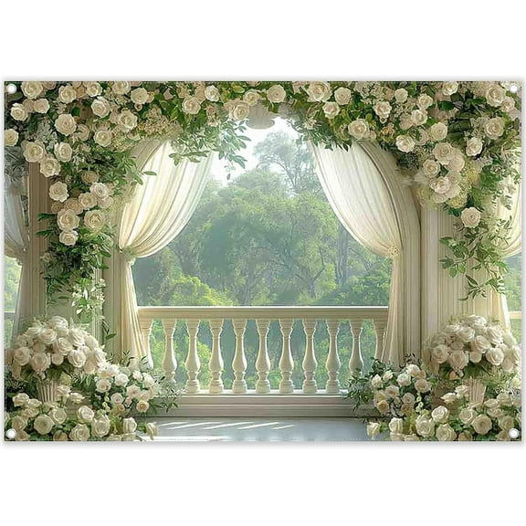 Spring Scenery Wedding Backdrop White Floral Balcony Green Forest Photography Background Bridal Shower Mother's Day Party Decorations Photo Booth Props
