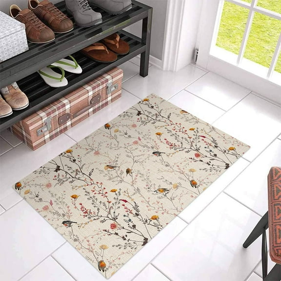 Spring Seamless Floral with Bird Watercolor Flower on RetroBathroom Shower Mat Doormat Non Slip,Floor Rug Absorbent Carpets Floor Mat Home Decor for Kitchen Bedroom Rug 24"X 36"