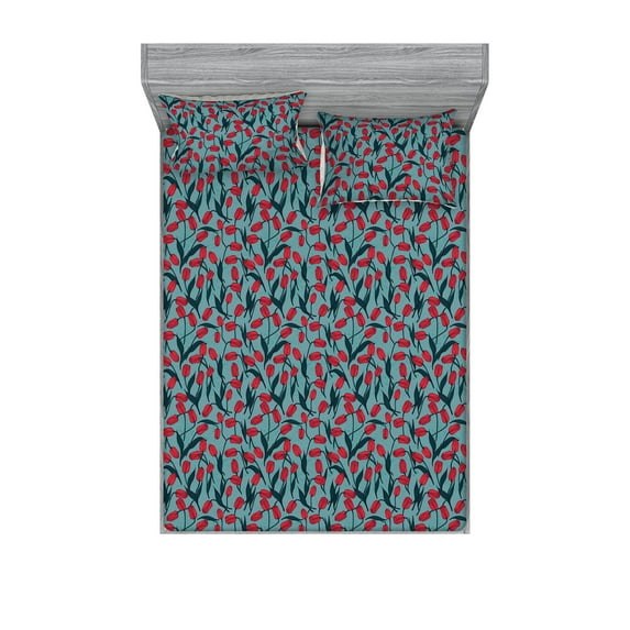 Spring Season Fitted Sheet & Pillow Sham Set, Romantic Tulips Floral Pattern Orderly Repeated Design of Artwork, Decorative Printed 3 Piece Bedding Decor, Full, Cadet Blue Dark Pink, by Ambesonne
