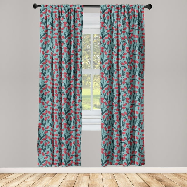 Spring Season Window Curtains, Romantic Tulips Floral Pattern Orderly Repeated Design of Artwork, Lightweight Decor 2-Panel Set with Rod Pocket, Pair of - 28"x84", Cadet Blue Dark Pink, by Ambesonne