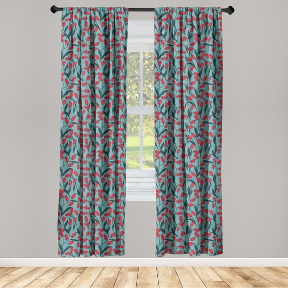 Spring Season Window Curtains, Romantic Tulips Floral Pattern Orderly Repeated Design of Artwork, Lightweight Decor 2-Panel Set with Rod Pocket, Pair of - 28"x95", Cadet Blue Dark Pink, by Ambesonne