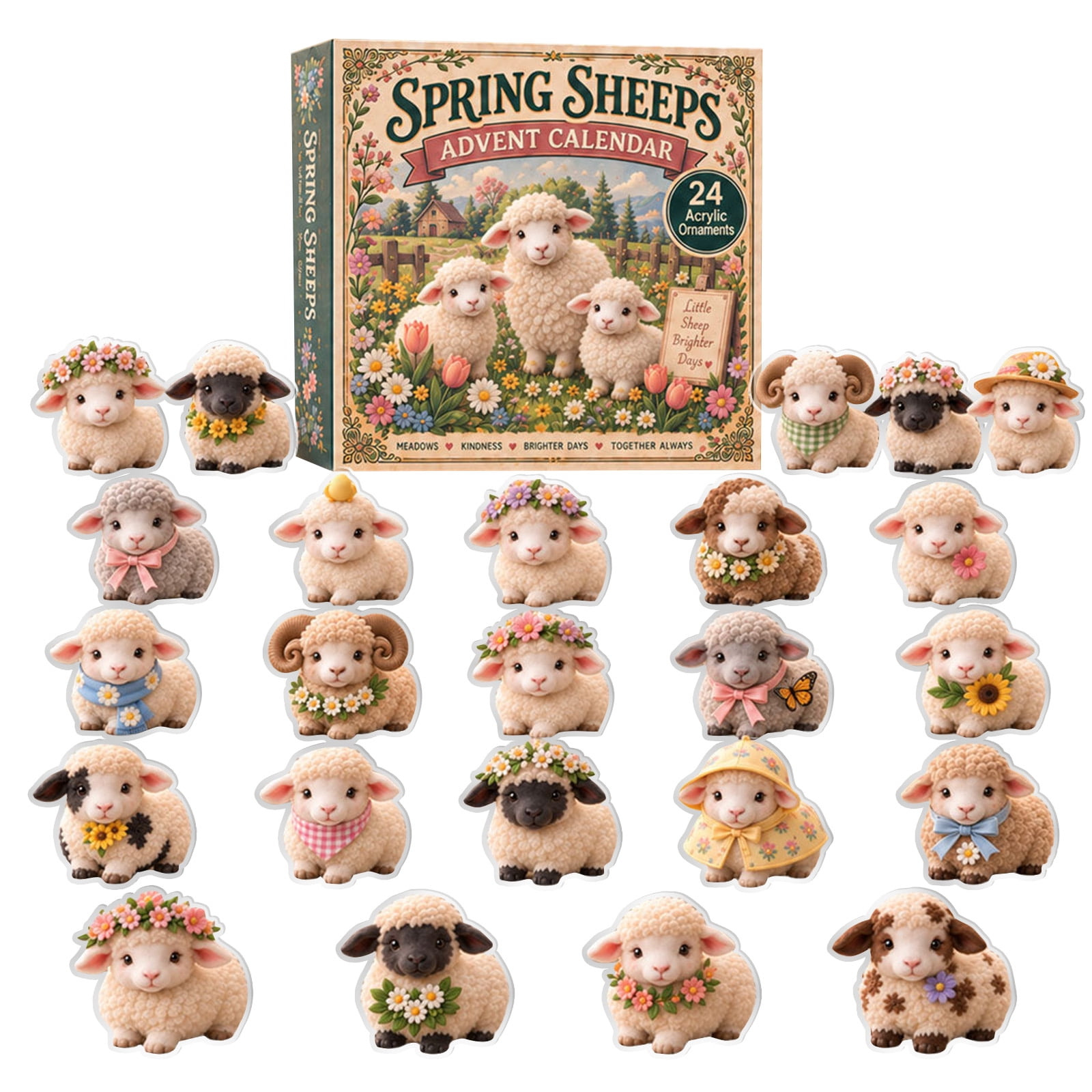 Spring Sheep Advent Calendar, Countdown Set with 24 Assorted 2D Acrylic ...