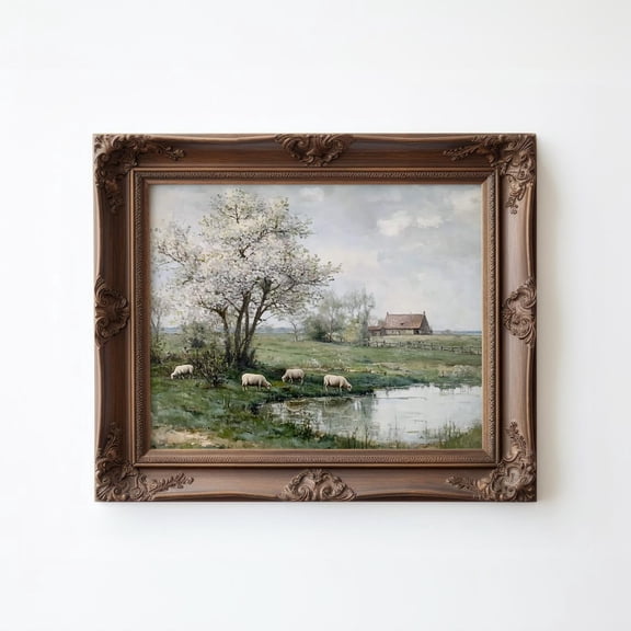 Spring Sheep in Pasture Farmhouse Art Print Poster Cottage Vintage Landscape Wall Art Poster Rustic Wall Decor Poster Farmhouse Poster E354, Unframed Canvas Size 8x12 F03.1.18l877