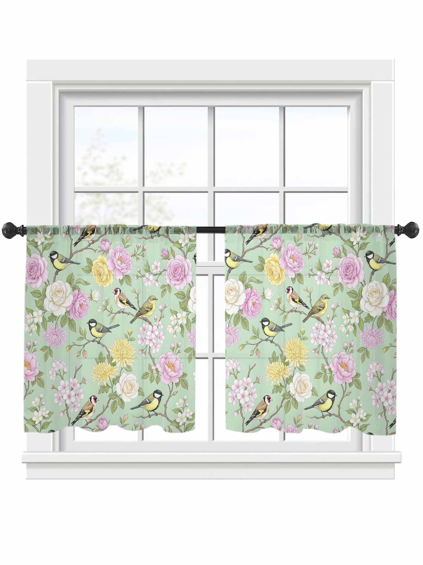 Spring Sheer Curtains 2 Panels Set Green Traditional Flowers Birds ...