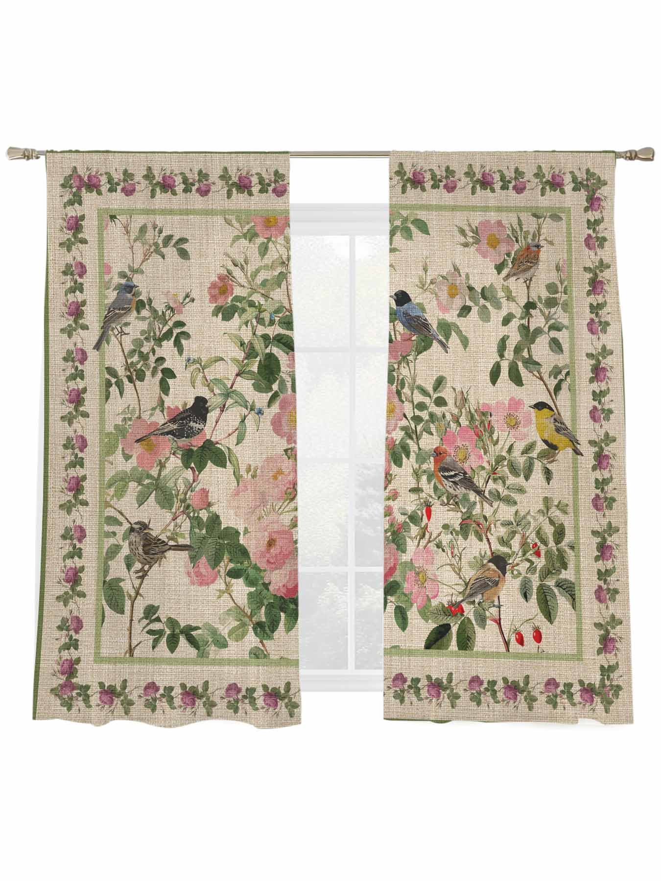 Spring Sheer Curtains 2 Panels Set Oriental Traditional Ethnic Floral Birds Retro Linen Sheer Window Curtains Light Filtering Rod Pocket Voile Drapes for Bedroom Living Room 52"X72"