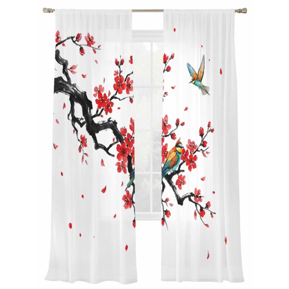 Spring Sheer Curtains 2 Panels Set Oriental Traditional Red Plum Blossoms Birds Ethnic Sheer Window Curtains Light Filtering Rod Pocket Voile Drapes for Bedroom Living Room 52"X108"