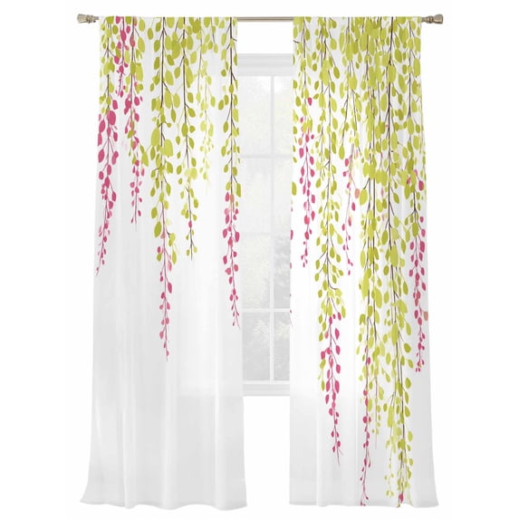 Spring Sheer Curtains 2 Panels Set Pastoral Botanical Branches Green Pink Ombre Leaves Sheer Window Curtains Light Filtering Rod Pocket Voile Drapes for Bedroom Living Room 52"X96"