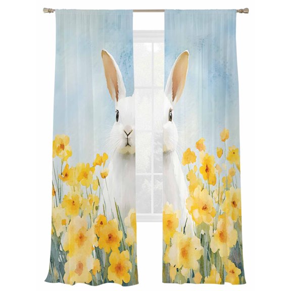 Spring Sheer Curtains 2 Panels Set Rabbit Yellow Flower Meadow Sky Watercolor Landscape Sheer Window Curtains Light Filtering Rod Pocket Voile Drapes for Bedroom Living Room 52"X96"
