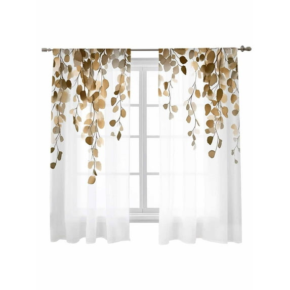 Spring Sheer Curtains 2 Panels Set Watercolor Brown Eucalyptus Leaves Botanical Plant Lihgt Filtering Rod Pocket Voile Drape, Semi Sheer Window Curtains for Bedroom Living Room, 52"x72"