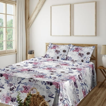 Spring Sheet Set, Anemone Flowers Leaves Abstract Watercolor Floral Art on Plain Back, Fitted & Flat Sheet with Pillowcase Bedding Accent 4 Pcs Set, King, Mauve Taupe and Blue Violet, by Ambesonne