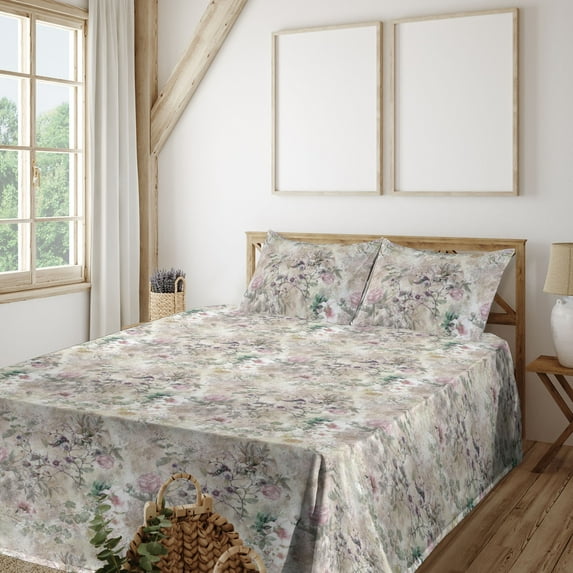 Ambesonne Spring Fitted & Flat Sheet with Shams 4 Pcs Set, Blooming Branches Leaves Art, King, Pale Tan Sage Green