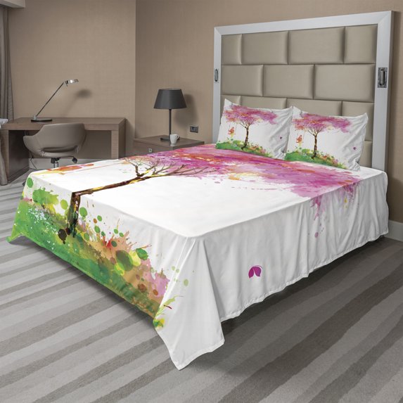 Spring Sheet Set, Spring Blossoming Tree and Dreaming Girl on Swing Chilhood Memories Watercolor Art, Fitted and Flat Sheet Pillowcases Bedding Accent 4 Piece Set, Calking, Multicolor, by Ambesonne