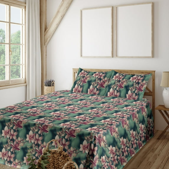Ambesonne Spring Fitted & Flat Sheet with Sham 3 Pcs Set, Sakura Seasonal Branches Art, Twin, Teal Rose and Pink