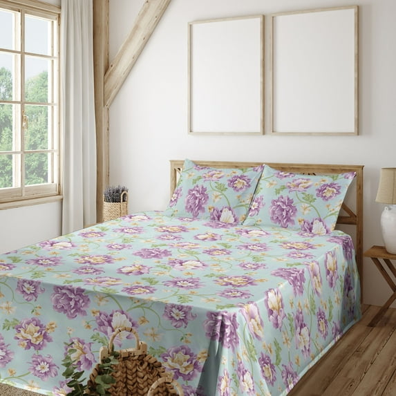 Ambesonne Spring Fitted & Flat Sheet with Shams 4 Pcs Set, Watercolor Repeating Flora, Full, Pale Eggplant Green