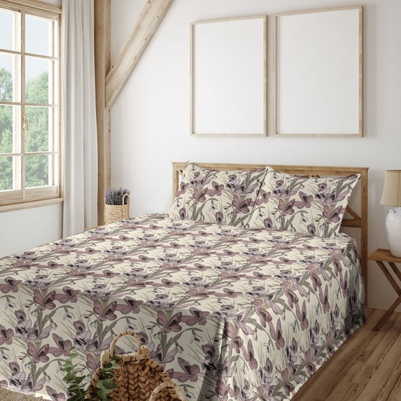 Ambesonne Spring Fitted & Flat Sheet with Shams 4 Pcs Set, Floral Pattern Romance Ivory, Full, Sage Green Dried Rose