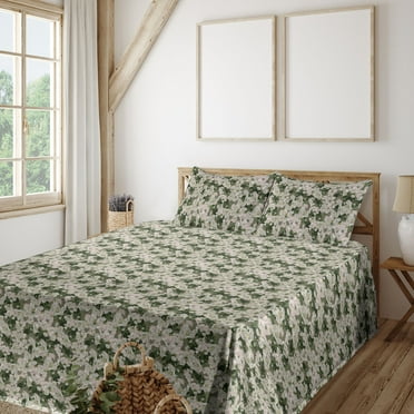 Spring Sheet Set, Hopeful Pastel Motif of Flowers Leaves Romantic Design Nature Artwork, Fitted & Flat Sheet with Pillowcase Bedding Accent 4 Pcs Set, King, Sage Green and Blush, by Ambesonne