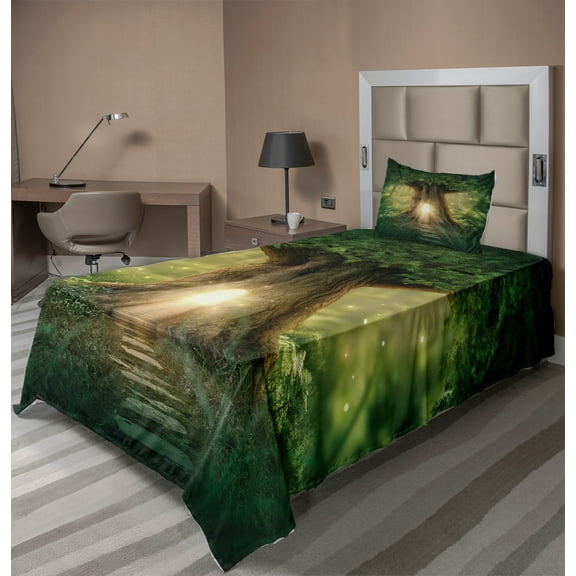 Spring Sheet Set, Tree of Life Themed Arrangement with Thirving Jungle Season Nature Print, Fitted and Flat Sheet with Pillowcase Bedding Accent 3 Piece Set, Twin, Green Pale Yellow, by Ambesonne