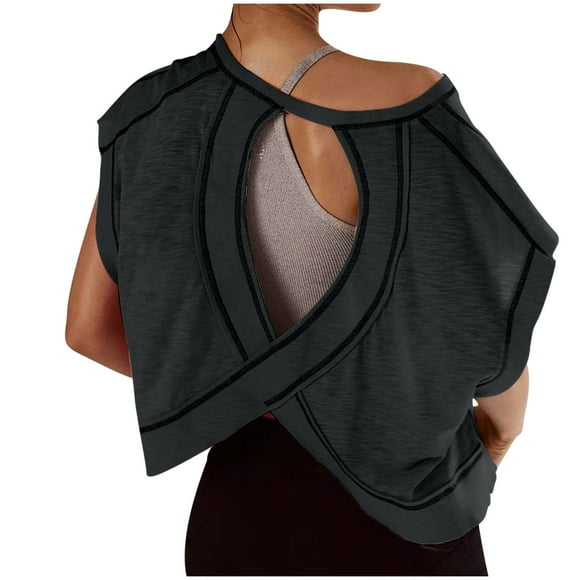Clearance under 10 DYTTDG Womens Open Back Workout Backless Short Sleeve Athletic Shirt Running Cropped Top Gym Yoga Tee Black,L
