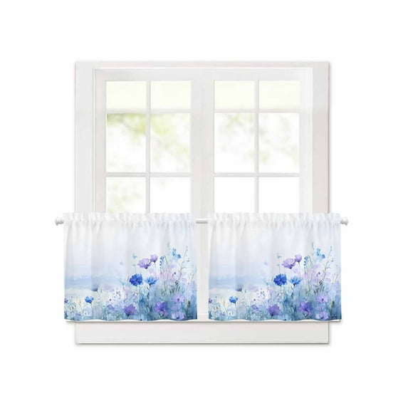 Spring Short Blackout Curtains 30 Inch Long Pastoral Watercolor Flowers Rod Pocket Kitchen Curtains, 2 Panels Thermal Insulated Room Darkening Drapes for Bedroom, 42"W x 30"L