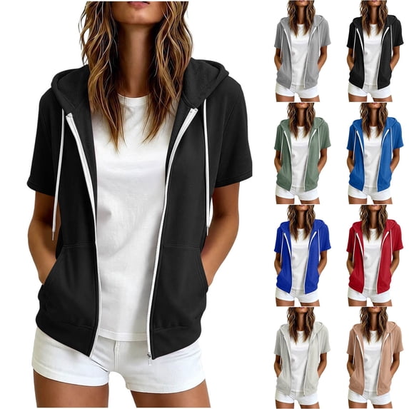 Spring Short Sleeve Hooded Jacket Women Zip Front Lightweight Fleece for Layering T-shirts